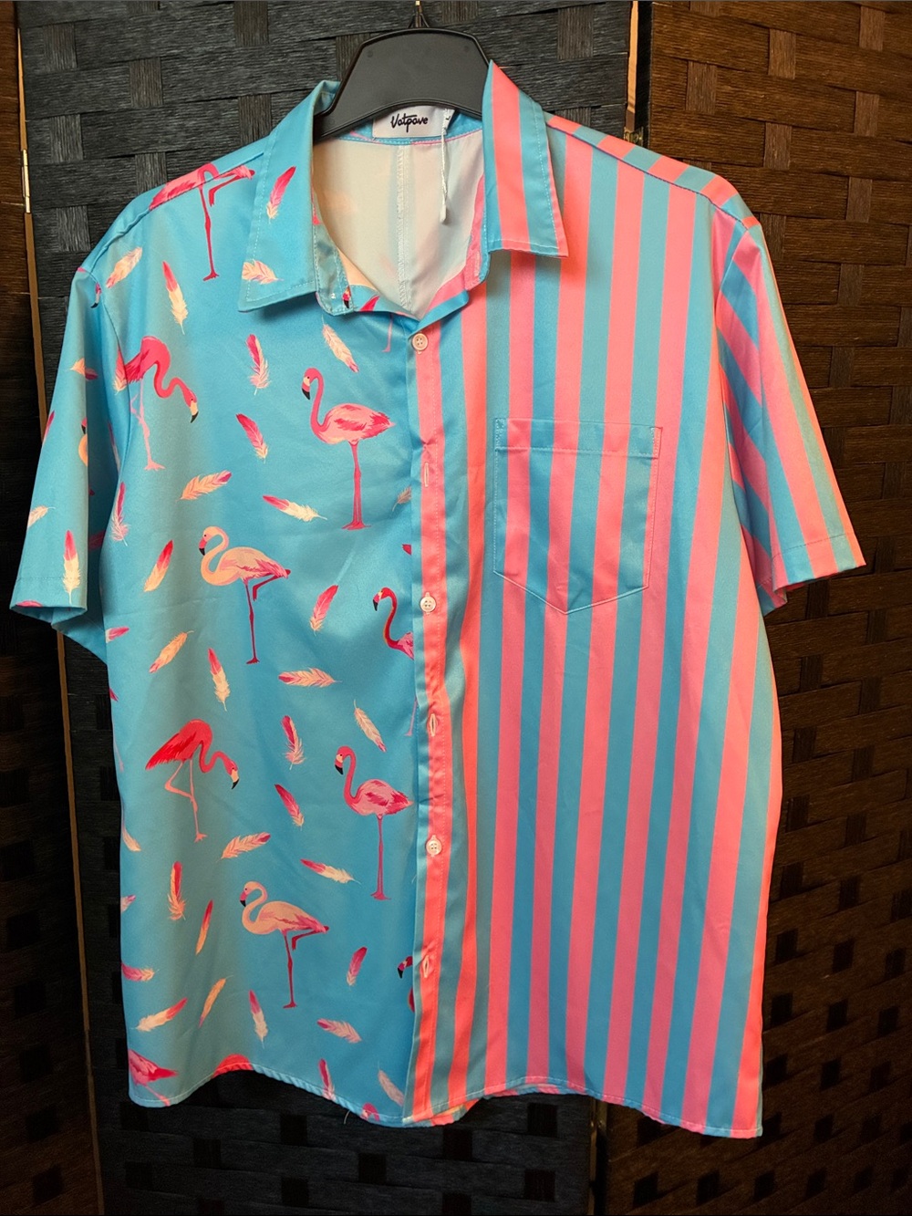 Vibrant Flamingo Stripe Short-Sleeve Button-Down Shirt - Blue & Pink